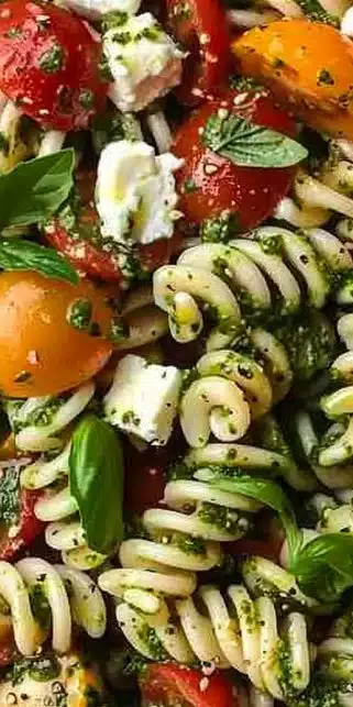 Salade de pâtes pesto avec tomates cerises et mozzarella