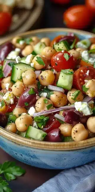Salade de pois chiches à la grecque avec légumes frais et herbes