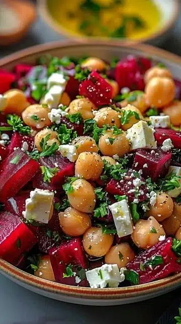 Salade de pois chiches avec betteraves et feta, un plat coloré et savoureux