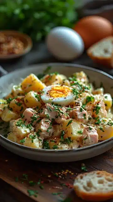 Salade de pommes de terre au thon et œufs frais dans un bol en verre