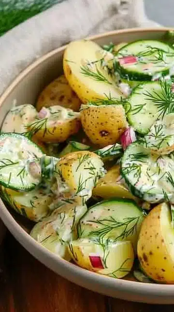 Salade de pommes de terre et concombres avec vinaigrette crémeuse à l'aneth.