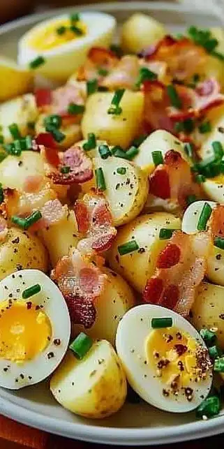 Salade de pommes de terre, lardons et œufs frais dans un bol