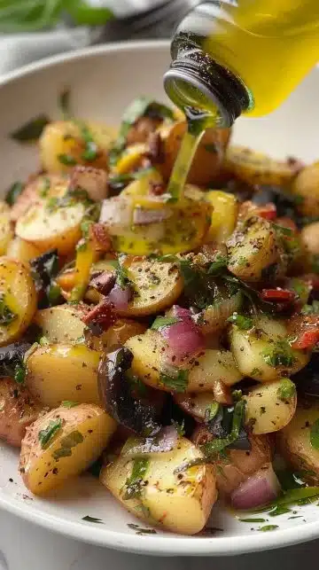 Salade de pommes de terre méditerranéenne avec légumes colorés et herbes fraîches.