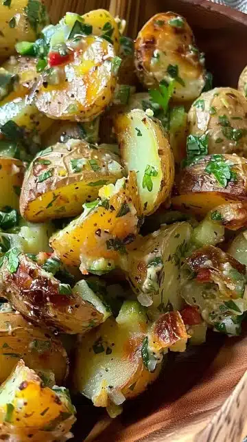 Salade de pommes de terre rôties garnie de herbes fraîches et d'épices