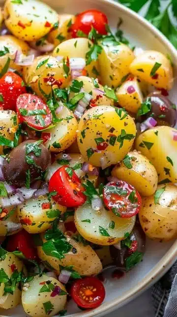Salade de pommes de terre rôties servie dans un bol avec des herbes fraîches