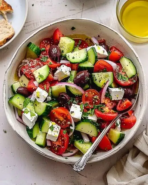 Recette de Salade Grecque Végétalienne avec légumes frais et vinaigrette