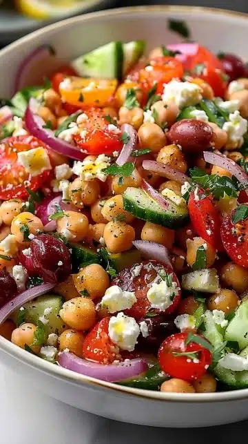 Salade méditerranéenne de pois chiches et feta avec légumes frais