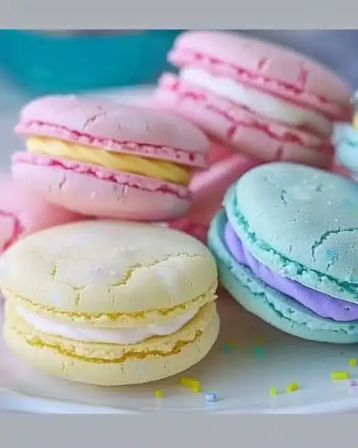 Sandwichs en biscuits sucrés pastel présentés sur une assiette colorée.