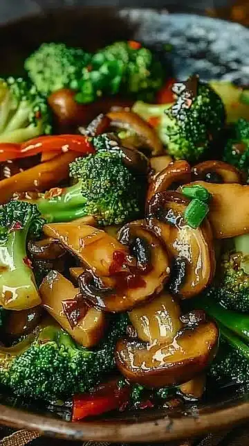 Sauté de brocoli et de champignons, plat coloré et savoureux