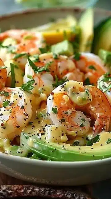 Salade de crevettes et d'avocat servie dans un bol, garnie de légumes frais.