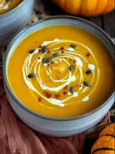Bol de soupe au potimarron garnie de graines et de crème