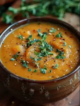 Bol de soupe au potimarron garnie de crème et de graines, plat réconfortant d'automne