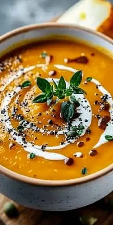 Bol de soupe au potiron facile avec des garnitures de crème et graines
