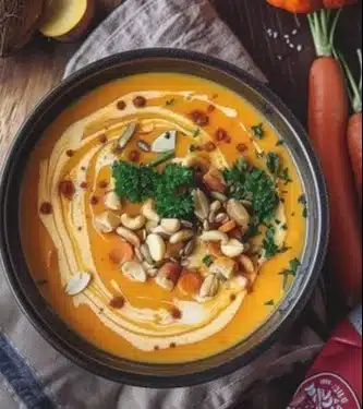 Creamy pumpkin and carrot soup with coconut milk served in a bowl.