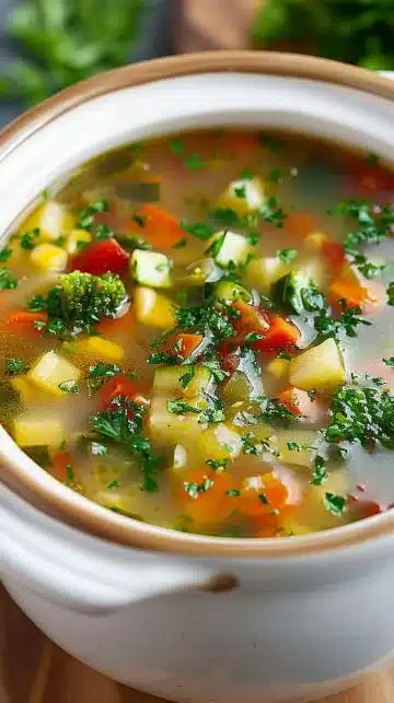 Bol de soupe de légumes fraîche et colorée, riche en vitamines et en saveurs.