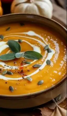 Soupe de potimarron crémeuse servie dans un bol avec des herbes fraîches