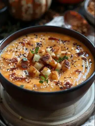 Soupe de potimarron et patate douce servie dans un bol en céramique