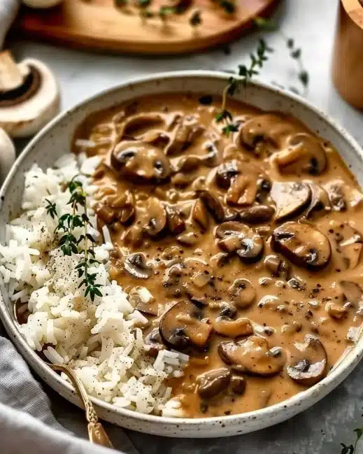 Assiette de Stroganoff de Champignons accompagné de pâtes