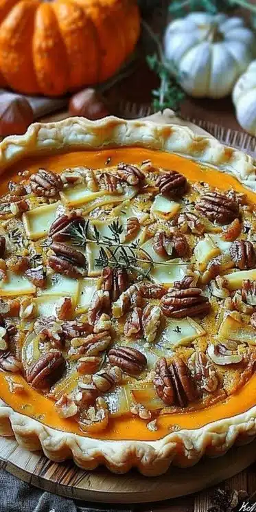 Tarte au Potimarron garnie d'échalotes, Comté et noix, prête à être dégustée.