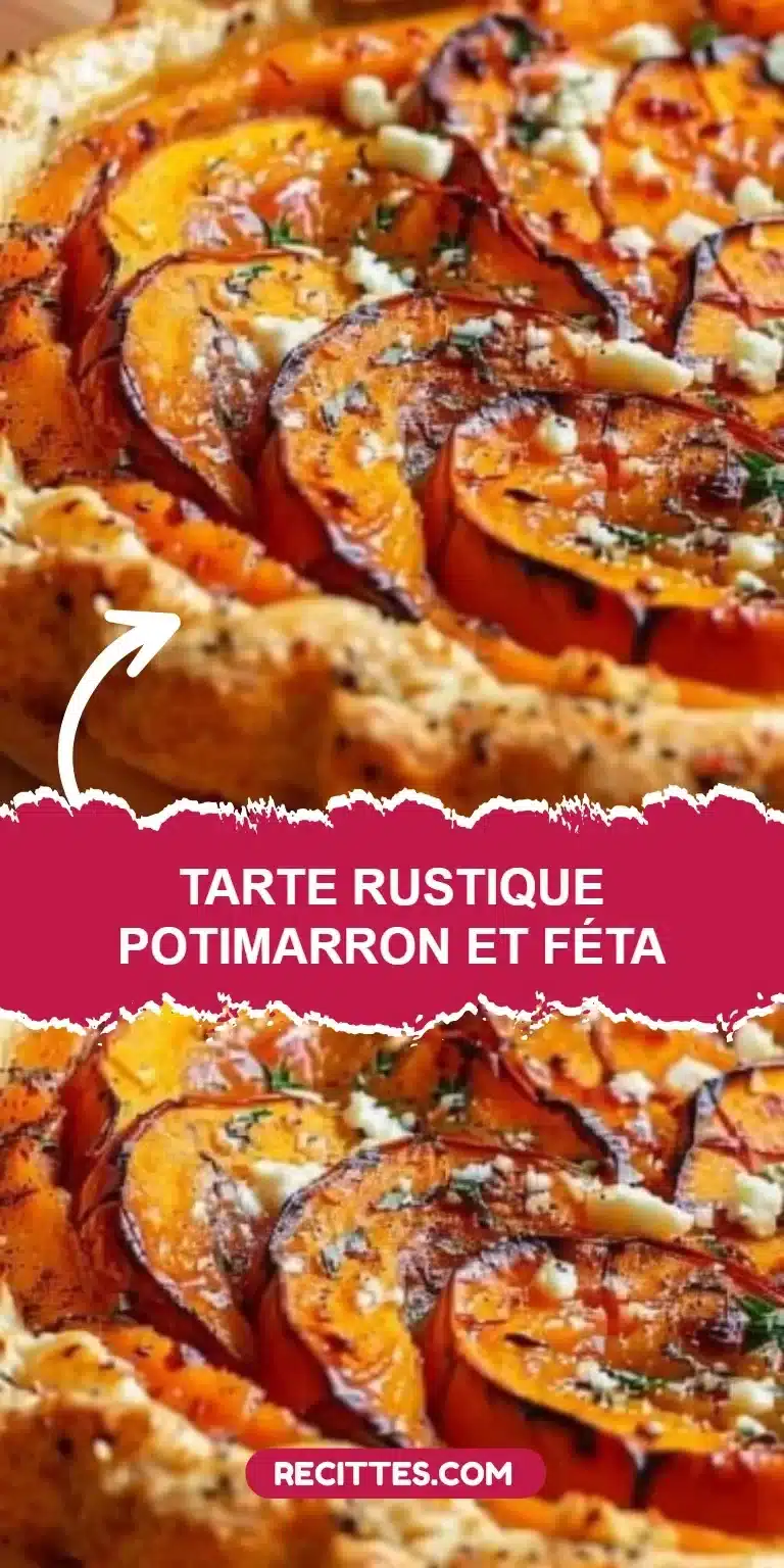 Tarte rustique au potimarron et féta, prête à être dégustée, sur une table en bois.