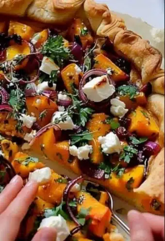 Tarte rustique au potimarron, oignon rouge et feta, plat savoureux et coloré