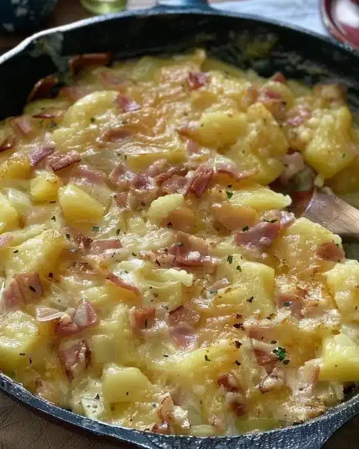 Delicious pan-fried tartiflette served with crispy edges and melted cheese