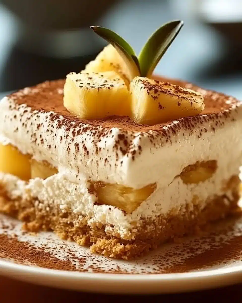 Dessert Tiramisu Coco Ananas garnie de noix de coco et d'ananas frais