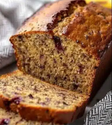 Bol de pain à la banane fraîchement cuit, doré et appétissant sur une table en bois.
