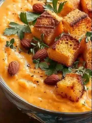 Bol de velouté de potimarron à la châtaigne garni de noisettes