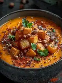 Velouté de potimarron et châtaignes servi dans un bol.