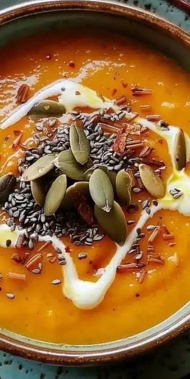 Bol de velouté de potimarron onctueux, garnie de crème fraîche et de graines