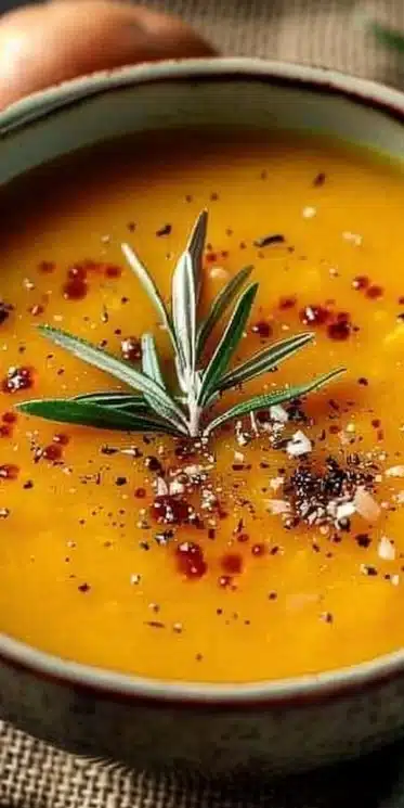 Velouté de potiron et pomme de terre servi chaud dans un bol