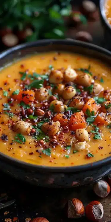Velouté de potimarron avec châtaignes et noisettes grillées dans un bol