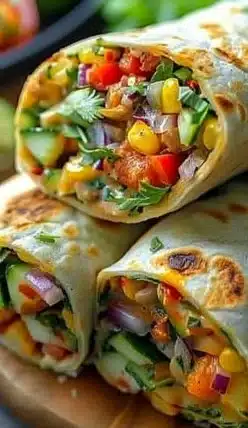 Wraps végétaliens garnis de légumes colorés et frais