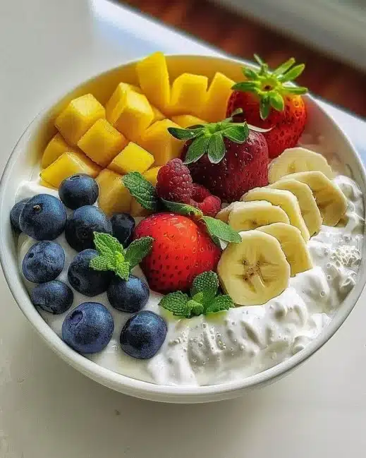 Yaourt grec aux fruits frais et colorés dans un bol