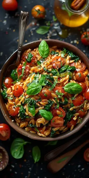 Pâtes Orzo Crémeuses aux Épinards et Tomates Fraîches
