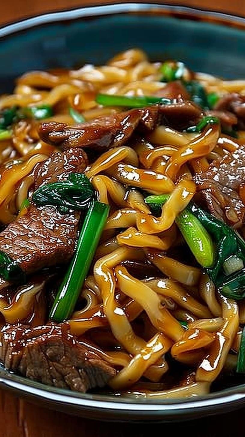 Stir-fried noodles with beef and bell pepper