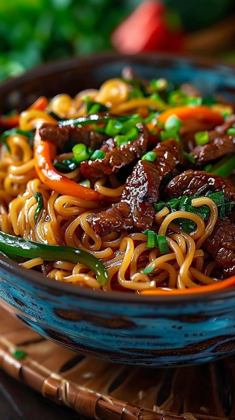 Stir-fried noodles with beef and bell pepper