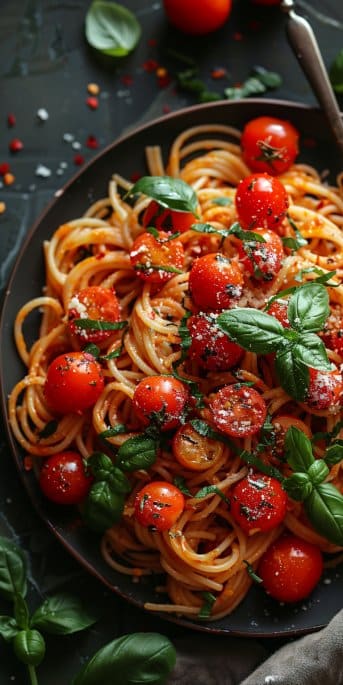 Spaghettis aux tomates et courgettes au basilic frais et savoureux