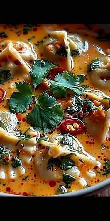 Soupe thaï au curry et raviolis à la noix de coco