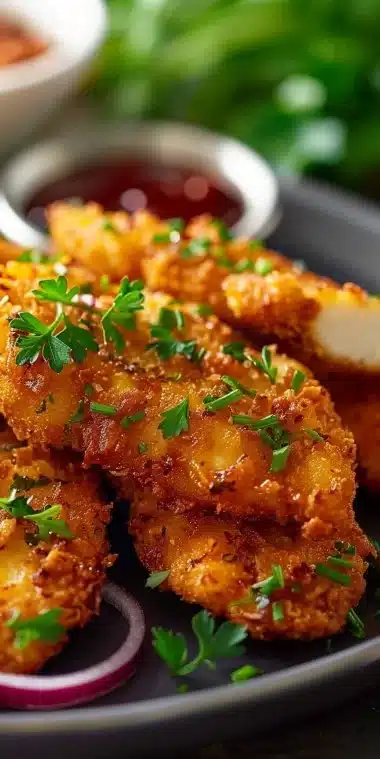 Aiguillettes de poulet panées croustillantes servies avec une garniture savoureuse