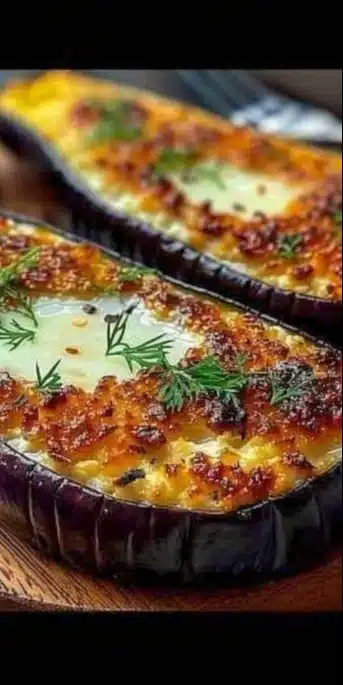 Aubergines farcies au fromage ricotta et aux œufs, plat savoureux et coloré.