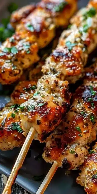 Brochettes de poulet à l'ail et au parmesan cuites dans une friteuse à air.