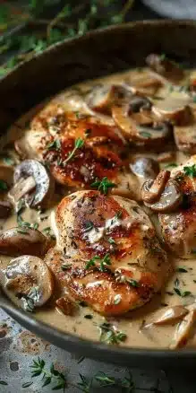 Blanc de poulet à la crème et aux champignons dans une assiette élégante