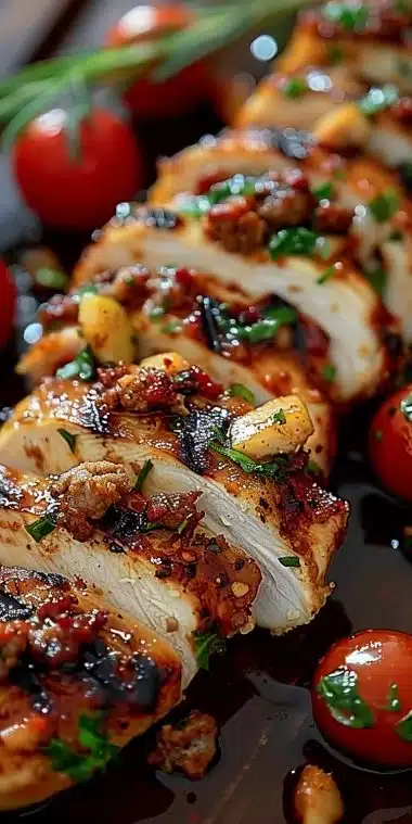 Blancs de poulet cuisinés avec chorizo, plat savoureux et épicé.