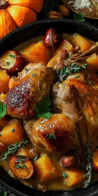 Blanquette de dinde avec châtaignes et citrouille servie dans une assiette.