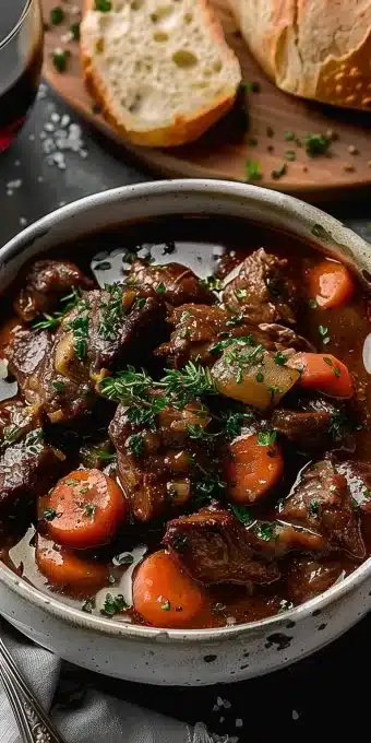 Boeuf Bourguignon préparé avec des morceaux de viande tendre et des légumes