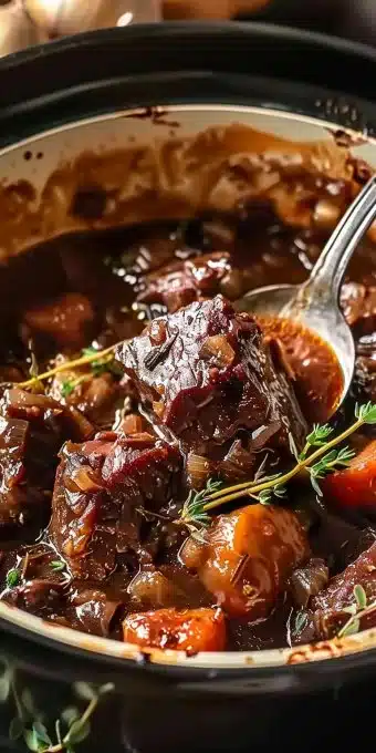 Boeuf Bourguignon préparé dans une cocotte-minute avec légumes et vin rouge