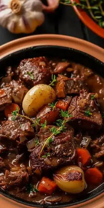 Plat de Boeuf Bourguignon au Cookeo servi dans une assiette délicieuse