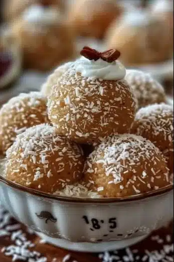 Boules de crème de noix de coco sans cuisson sur une assiette